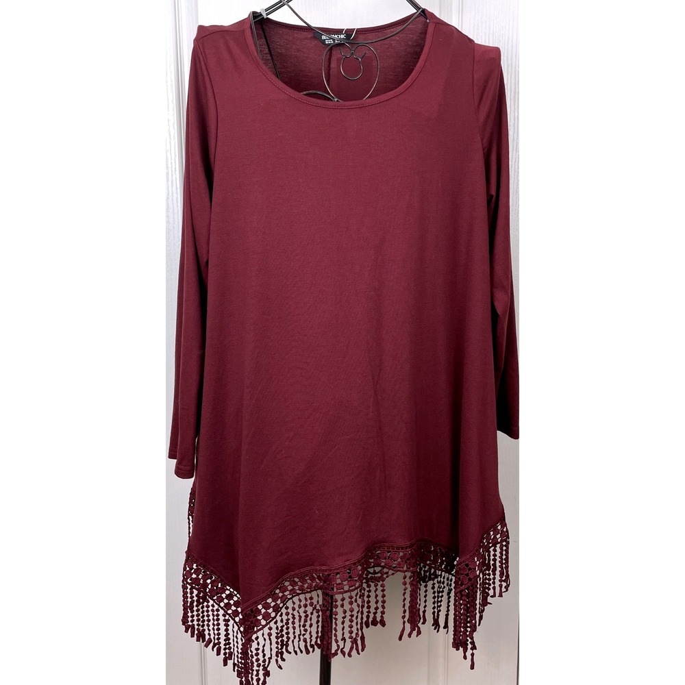 NWT Bloomchic Burgundy Long Sleeve Tunic Dress Sharkbite Hem 14-16 Boho Hippie